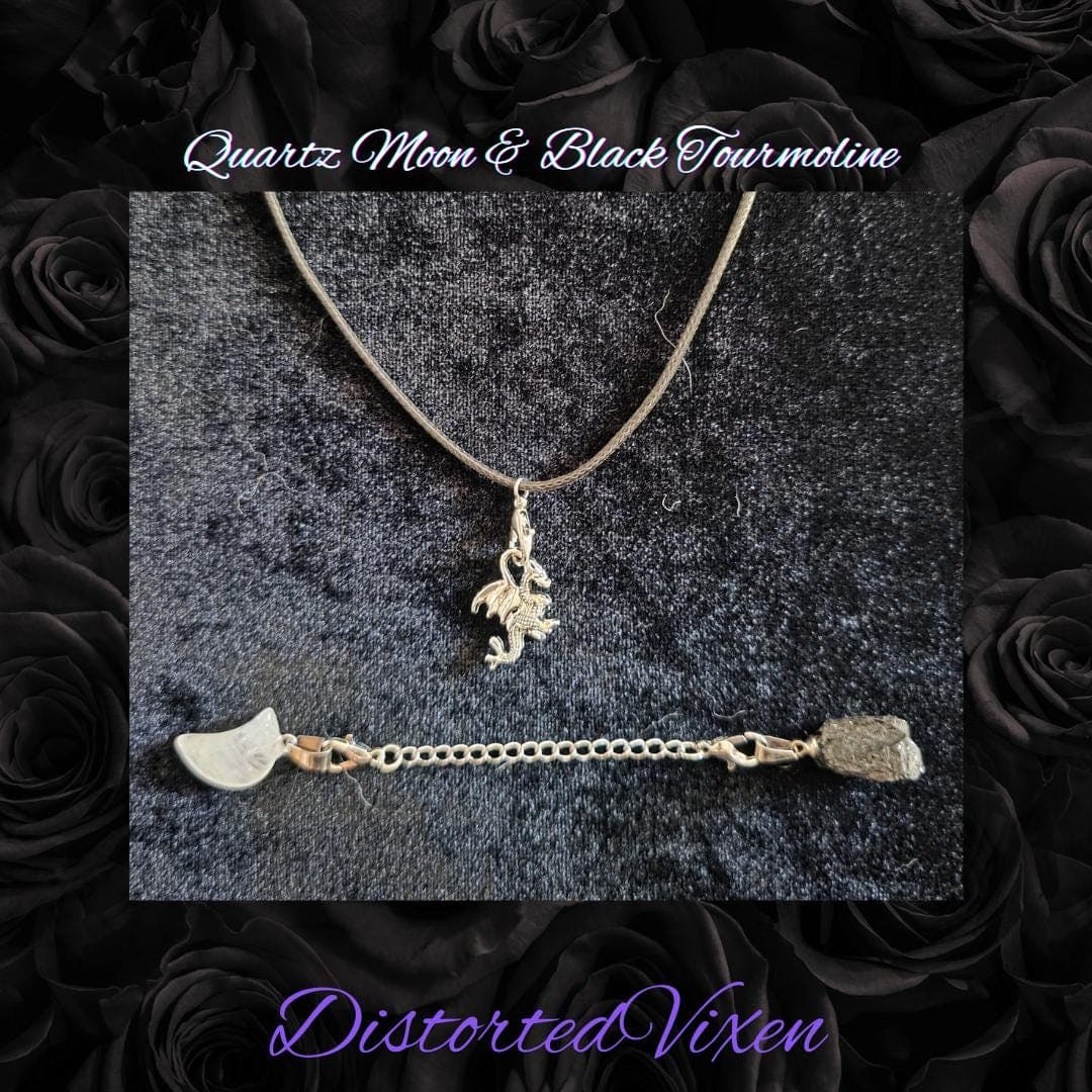 Quartz Moon & Black Tourmaline Necklace: Silver Dragon Charm, Adjustable Witchy Jewelry - Thumbnail 3