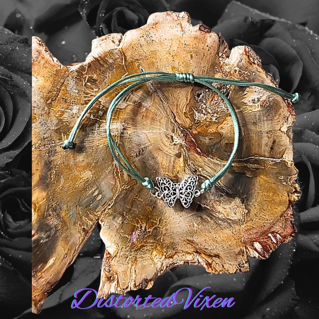 Silver Filigree Butterfly Bracelet - Sage Green Silk Cord - Ethereal Whimsigoth - Thumbnail 6