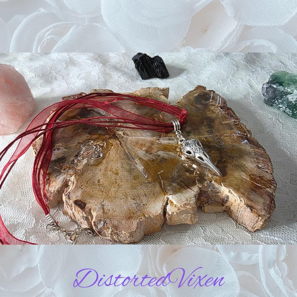 Silver Raven Skull Filigree Necklace | Dark Boho Gothic Jewelry on Red Ribbon - Thumbnail 5