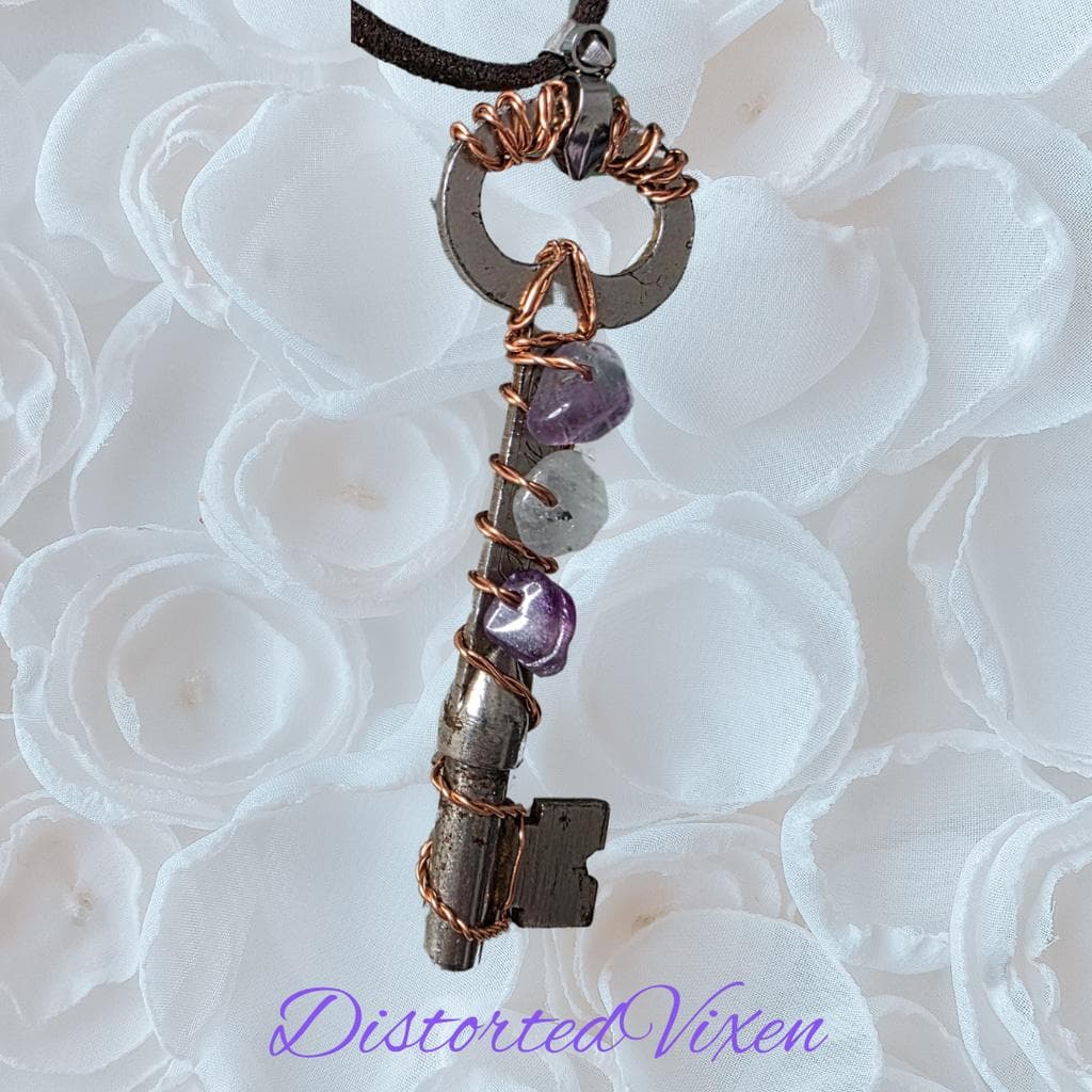 Rainbow Fluorite Key Necklace, Real Vintage Key Pendant, Handmade Copper Wrapped - Thumbnail 6
