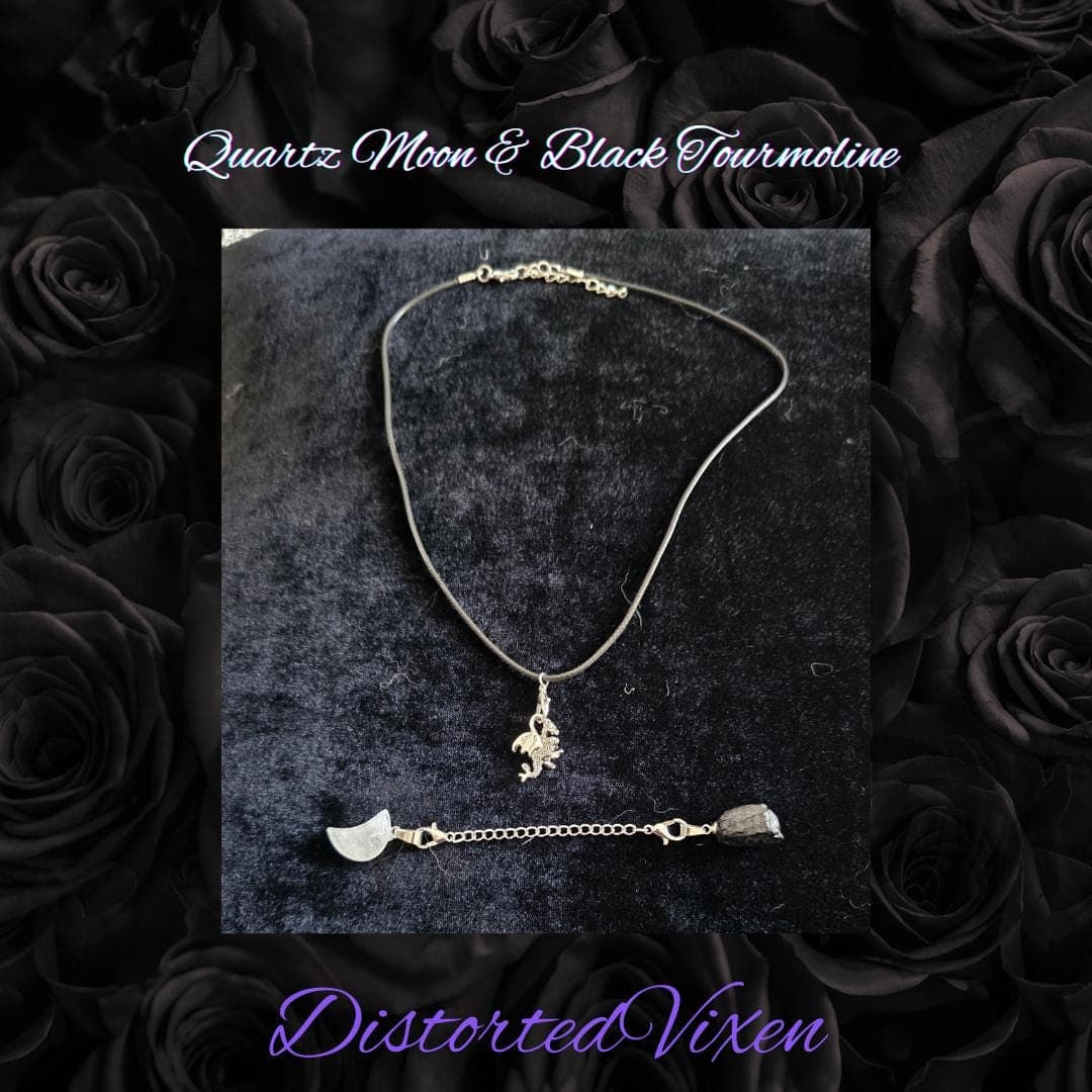 Quartz Moon & Black Tourmaline Necklace: Silver Dragon Charm, Adjustable Witchy Jewelry - Thumbnail 5
