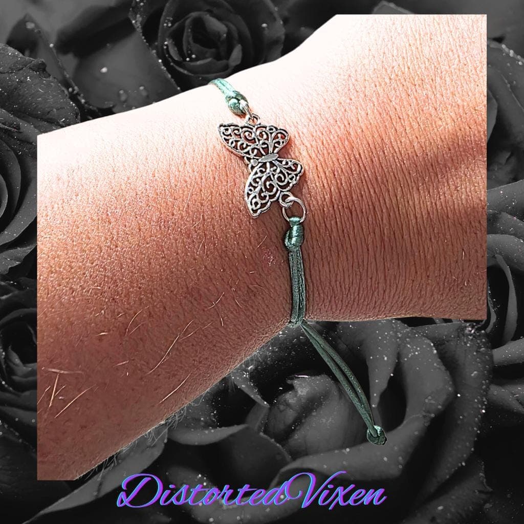 Silver Filigree Butterfly Bracelet - Sage Green Silk Cord - Ethereal Whimsigoth - Thumbnail 4