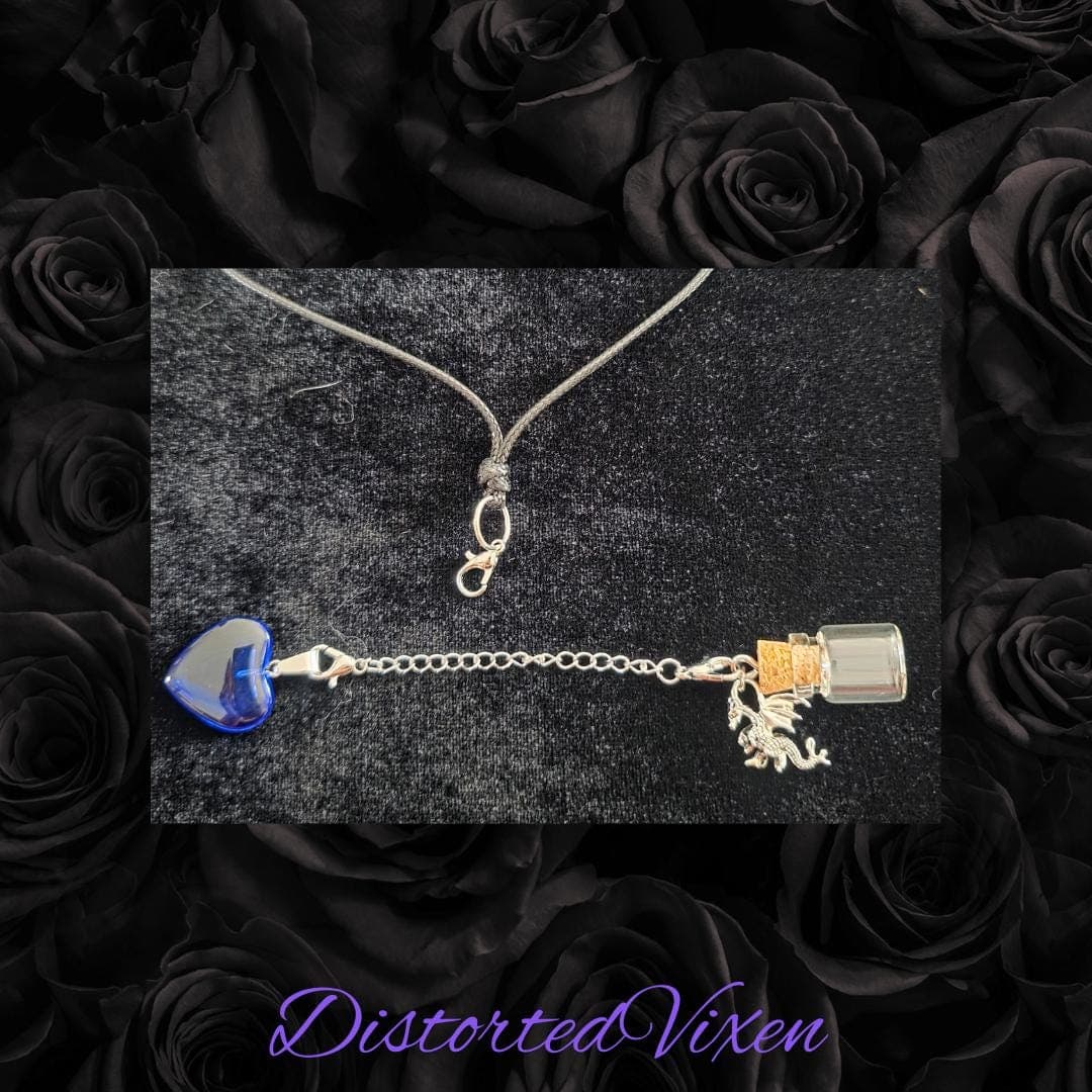 Blue Heart Dragon Charm Necklace: Gothic Spell Bottle Pendant - Thumbnail 2
