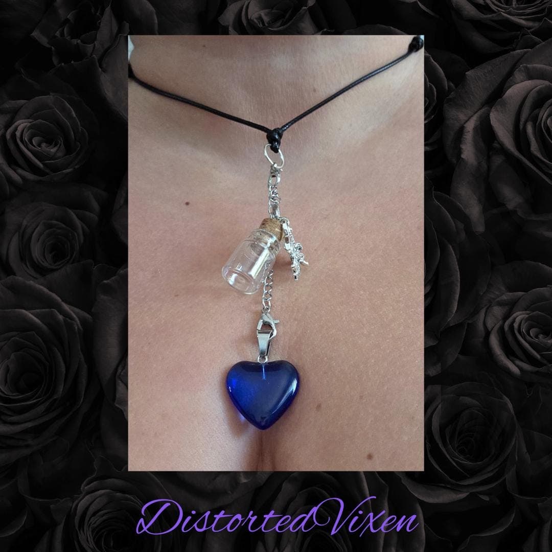 Blue Heart Dragon Charm Necklace: Gothic Spell Bottle Pendant - Thumbnail 3