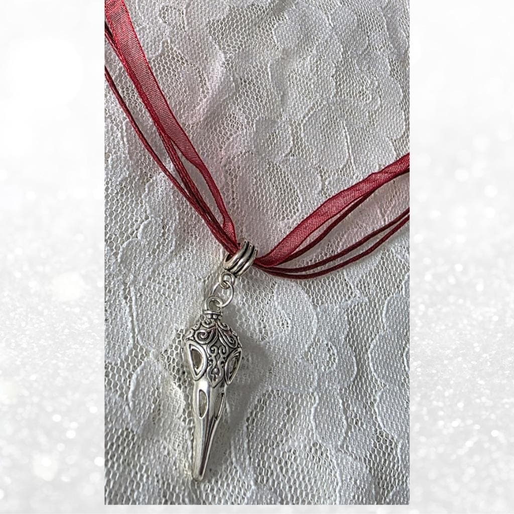 Silver Raven Skull Filigree Necklace | Dark Boho Gothic Jewelry on Red Ribbon - Thumbnail 3