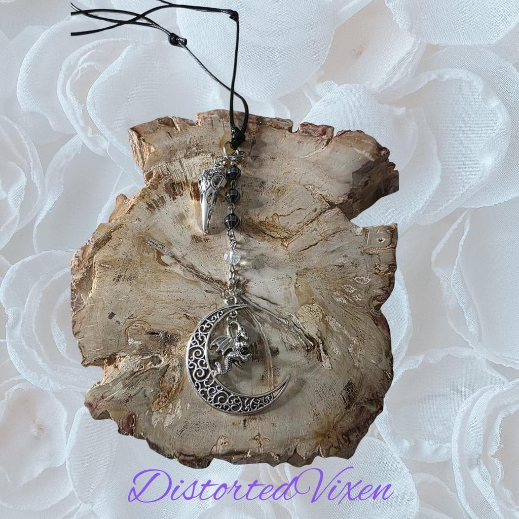 Dragon Moon Necklace with Raven Skull & Hematite - Gothic Witchy Jewelry - Thumbnail 4