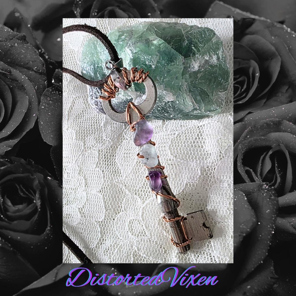 Rainbow Fluorite Key Necklace, Real Vintage Key Pendant, Handmade Copper Wrapped - Thumbnail 4