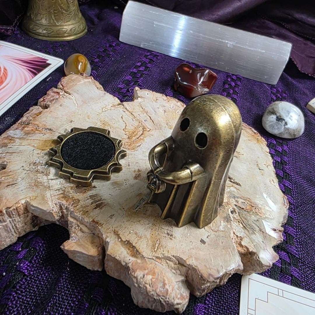 Gothic Brass Ghost Incense Burner | Spooky Halloween Bat & Spiderweb Figurine, Metaphysical Altar Decor Censer - Thumbnail 4