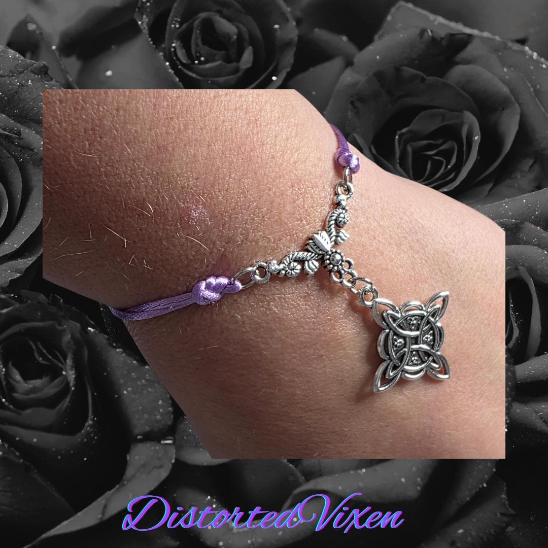 Witchy Celtic Knot Bracelet - Purple Silk Cord - Gothic Mystic Jewelry - Thumbnail 5