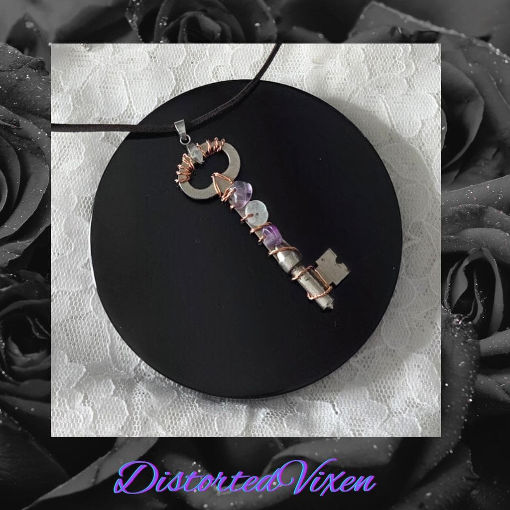 Rainbow Fluorite Key Necklace, Real Vintage Key Pendant, Handmade Copper Wrapped - Thumbnail 3