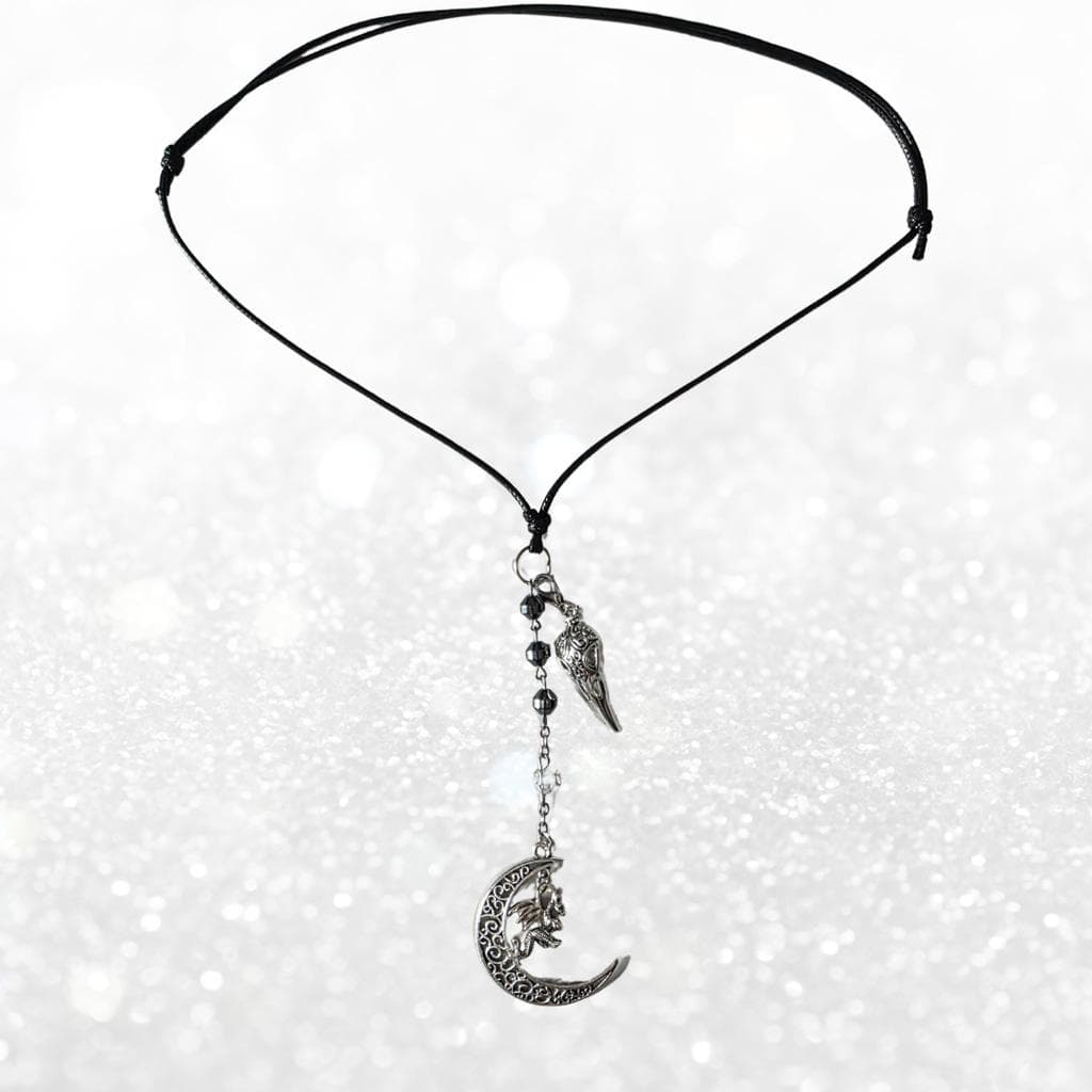 Dragon Moon Necklace with Raven Skull & Hematite - Gothic Witchy Jewelry - Thumbnail 7