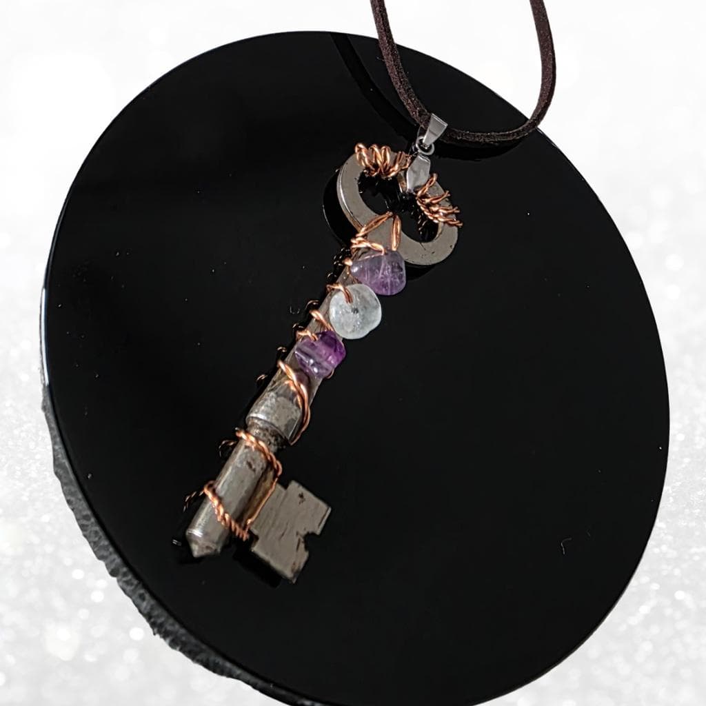 Rainbow Fluorite Key Necklace, Real Vintage Key Pendant, Handmade Copper Wrapped - Thumbnail 10
