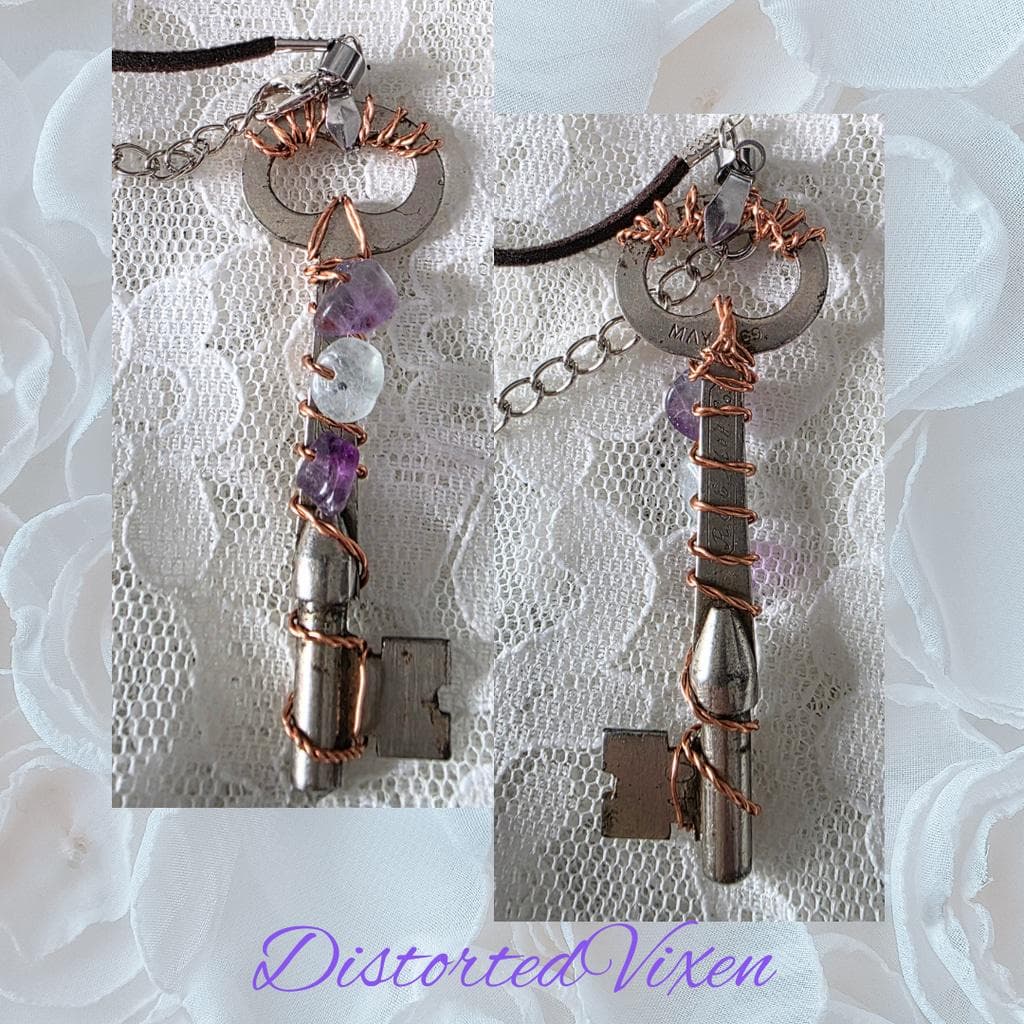 Rainbow Fluorite Key Necklace, Real Vintage Key Pendant, Handmade Copper Wrapped - Thumbnail 9