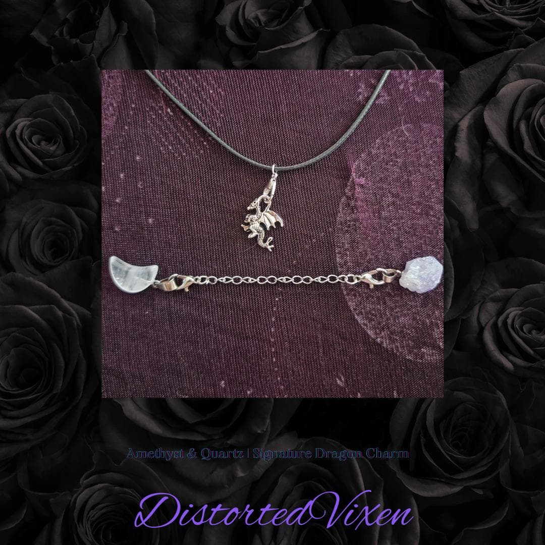 Amethyst & Quartz Adjustable Necklace with Silver Dragon Charm | Fully Customizable Jewelry | Layered Pendant | Fantasy Witchy Necklace - Thumbnail 2
