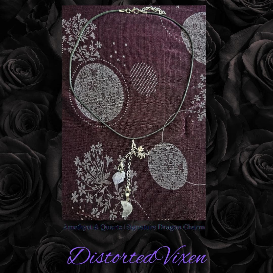 Amethyst & Quartz Adjustable Necklace with Silver Dragon Charm | Fully Customizable Jewelry | Layered Pendant | Fantasy Witchy Necklace - Thumbnail 5