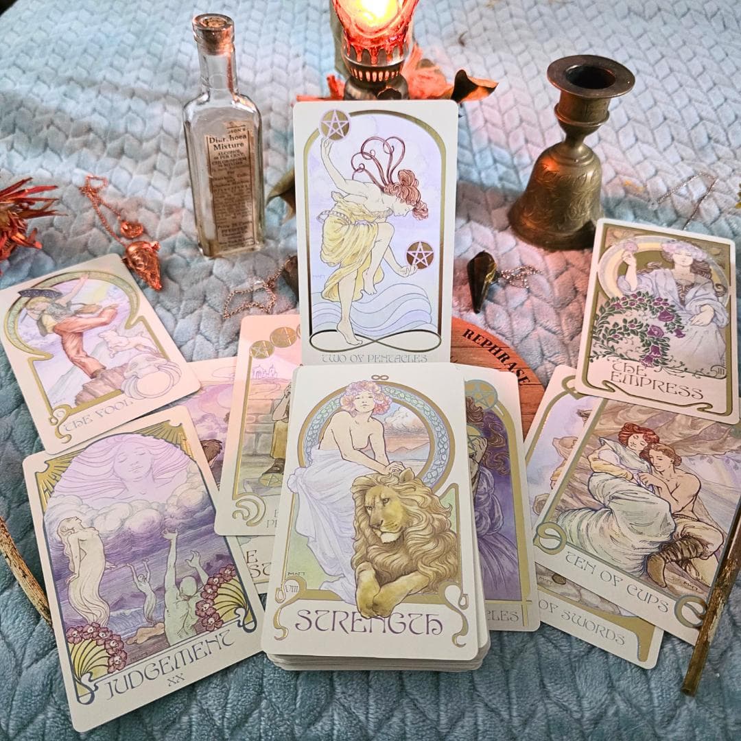 Ethereal Visions Tarot Deck | Art Nouveau Gold Foil Cards with Guidebook - Thumbnail 3