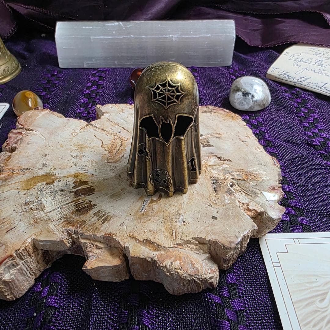 Gothic Brass Ghost Incense Burner | Spooky Halloween Bat & Spiderweb Figurine, Metaphysical Altar Decor Censer - Thumbnail 2