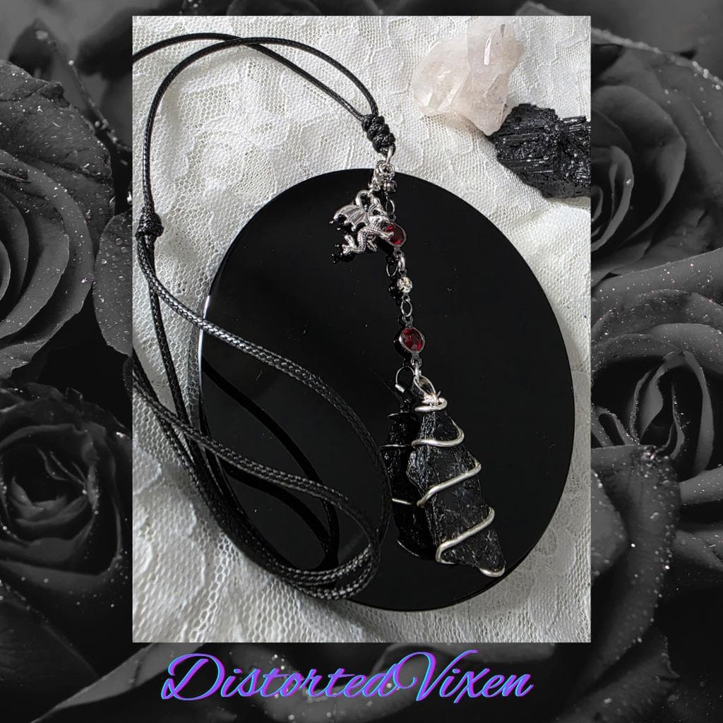 Raw Black Tourmaline "Dragon’s Protection" Necklace | Silver Wire Wrap & Dragon - Thumbnail 5