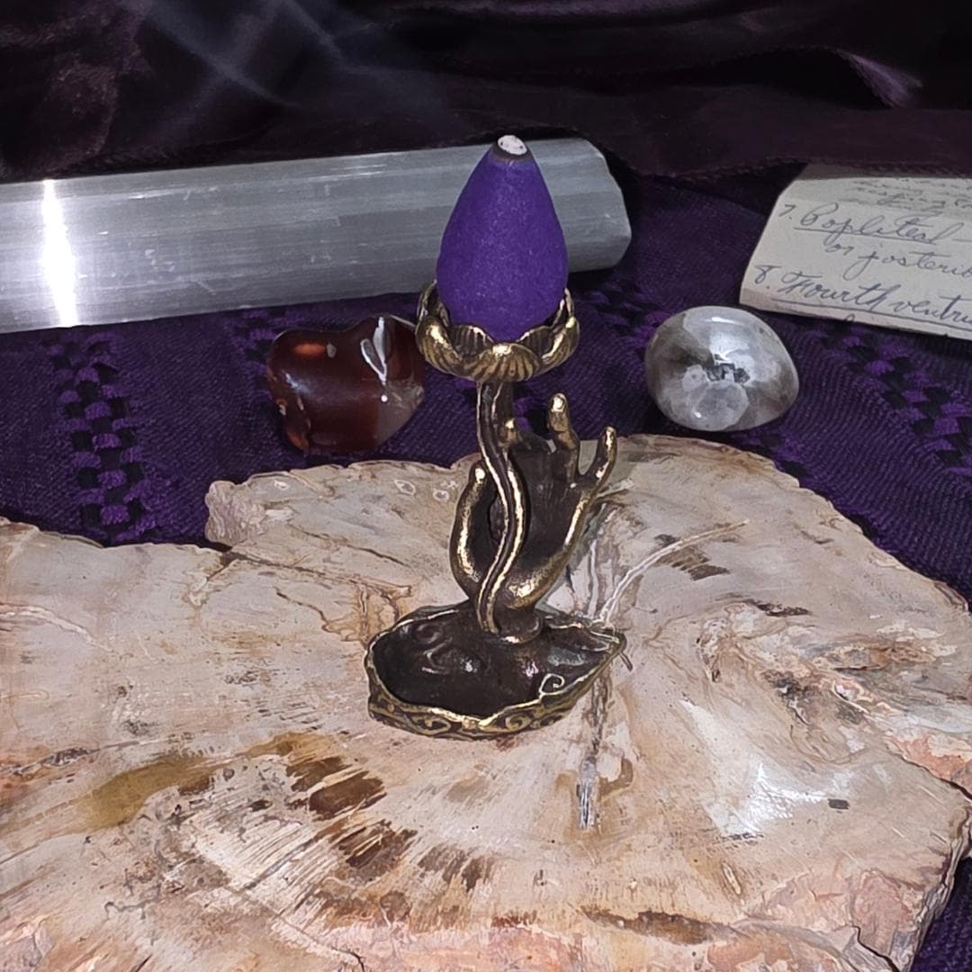 Antiqued Brass Buddha Hand Incense Holder | Lotus Censer, Zen Desk Decor - Thumbnail 4