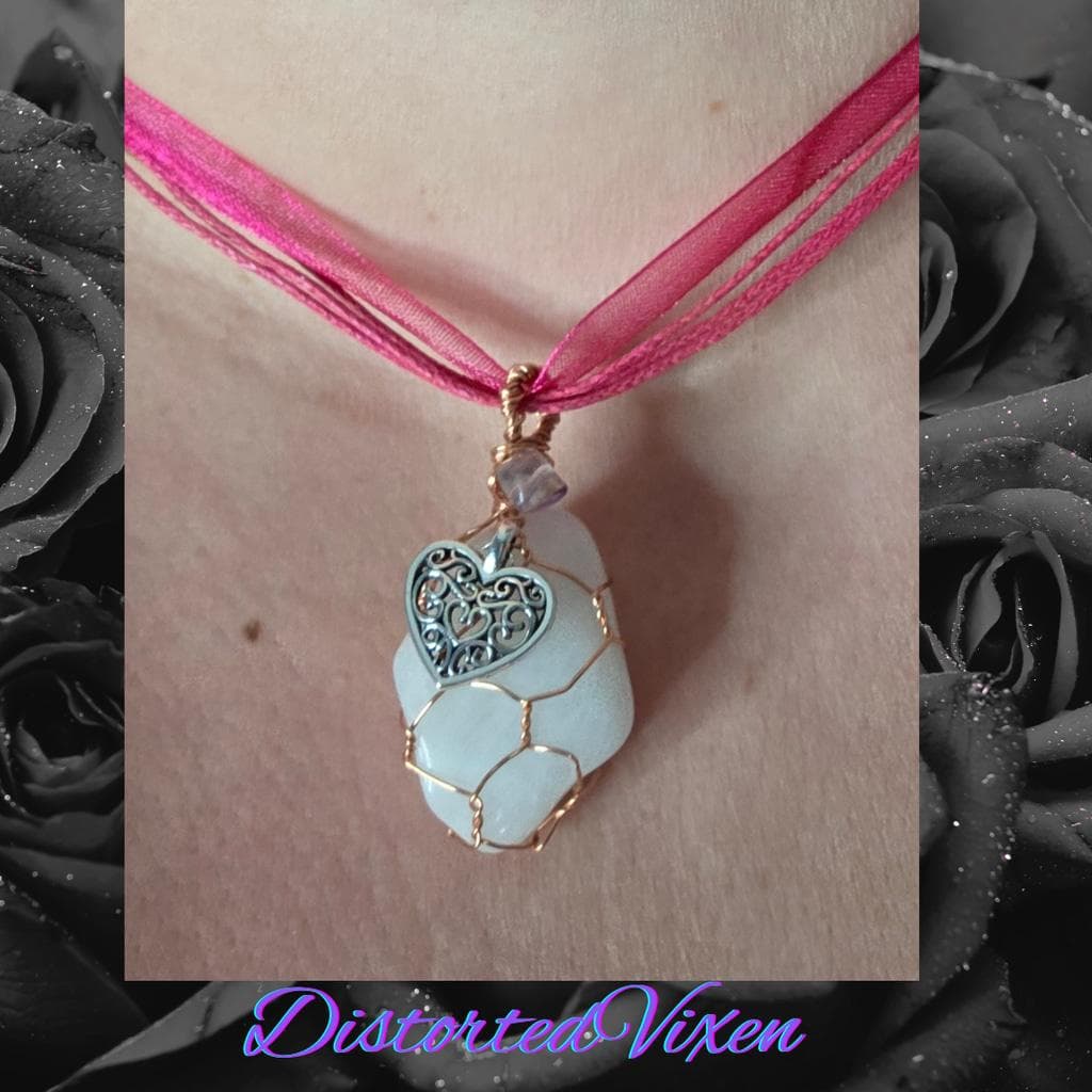 Milky Rose Quartz & Rainbow Fluorite Cage Necklace | Hand-Wrapped Copper with He - Thumbnail 7