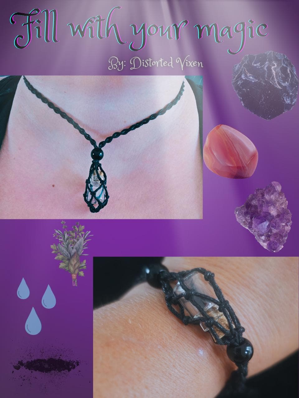 Adjustable Macrame Necklace Bracelet: Glass Bottle Keepsake, Black Cord - Thumbnail 2