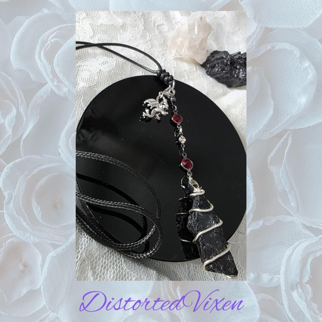 Raw Black Tourmaline "Dragon’s Protection" Necklace | Silver Wire Wrap & Dragon - Thumbnail 6