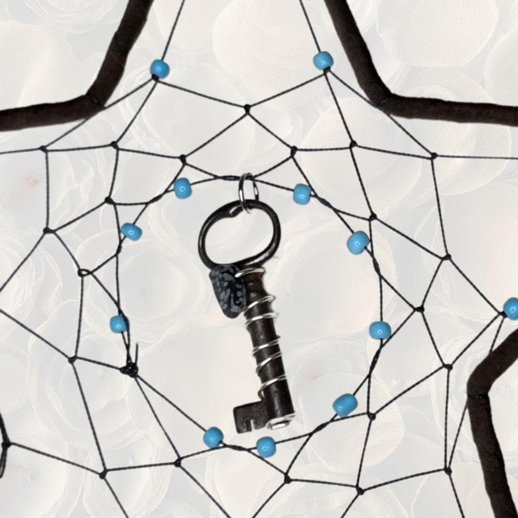 Goth Boho Star Dreamcatcher — Vintage Key & Snowflake Obsidian - Thumbnail 3
