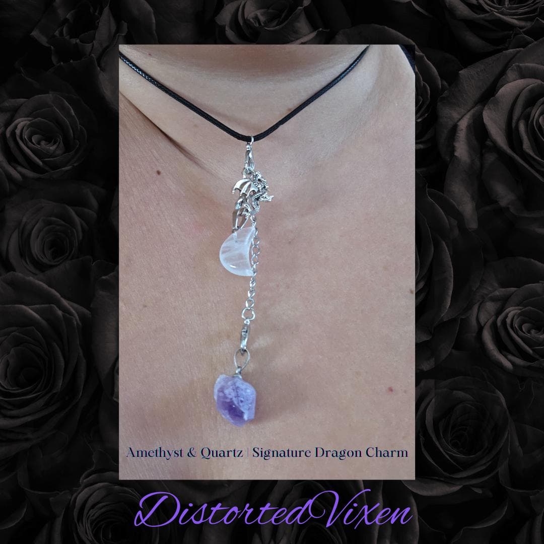 Amethyst & Quartz Adjustable Necklace with Silver Dragon Charm | Fully Customizable Jewelry | Layered Pendant | Fantasy Witchy Necklace - Thumbnail 6
