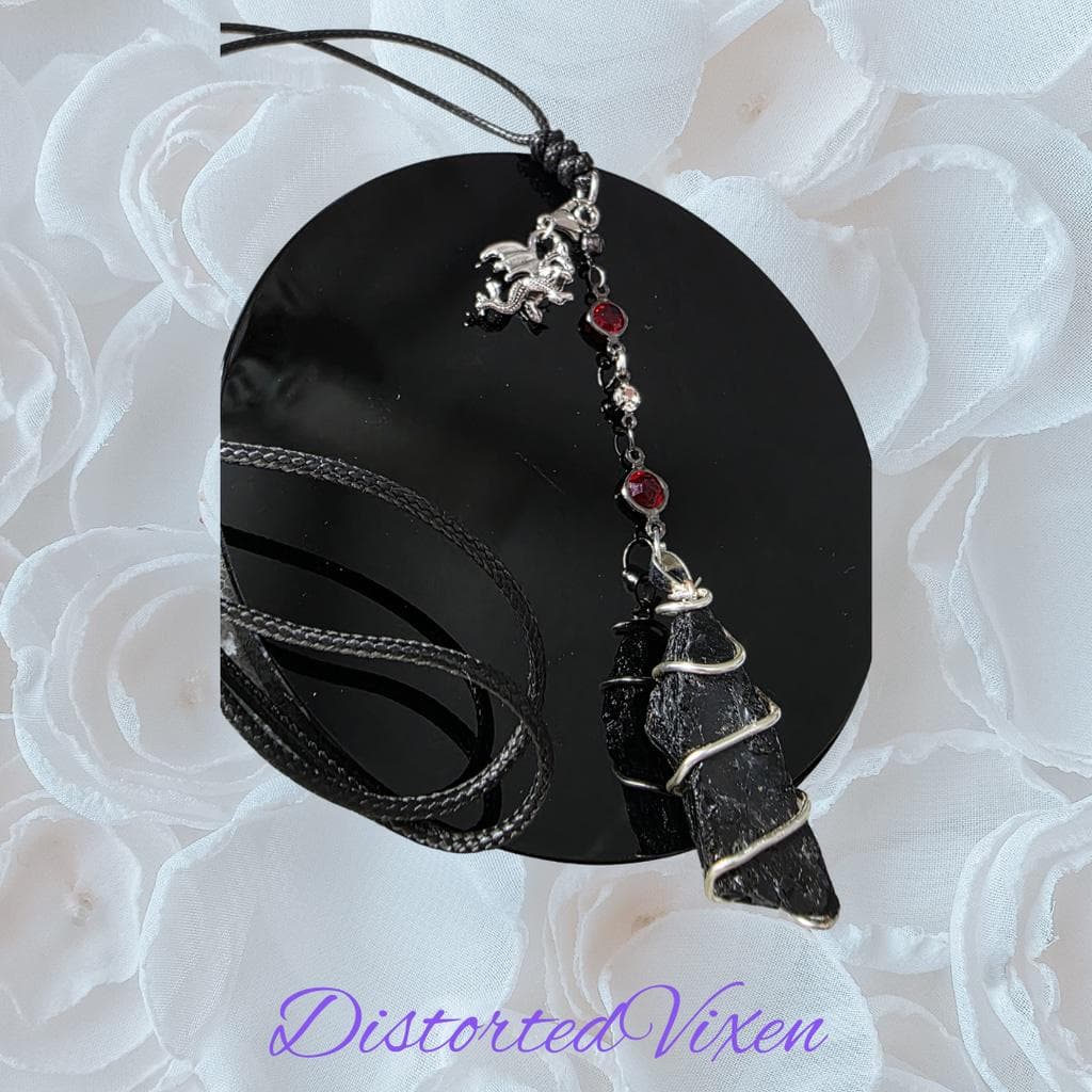 Raw Black Tourmaline "Dragon’s Protection" Necklace | Silver Wire Wrap & Dragon - Thumbnail 2