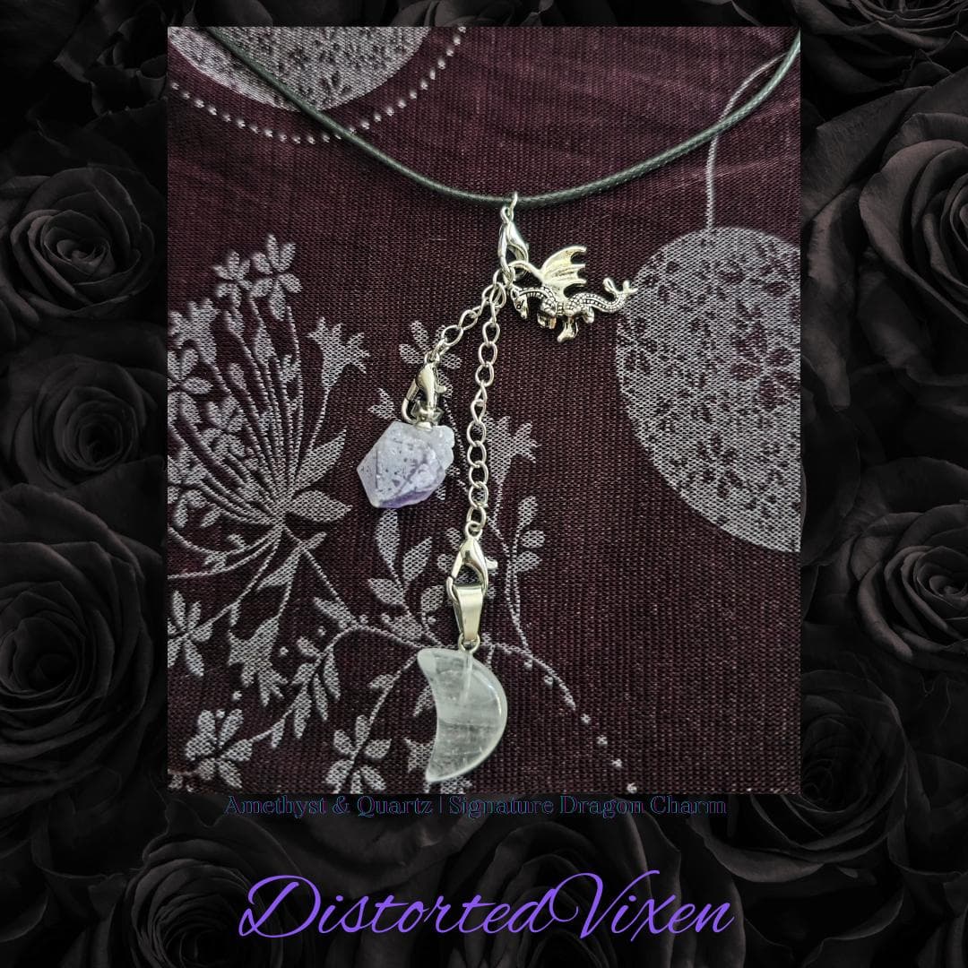 Amethyst & Quartz Adjustable Necklace with Silver Dragon Charm | Fully Customizable Jewelry | Layered Pendant | Fantasy Witchy Necklace - Thumbnail 3