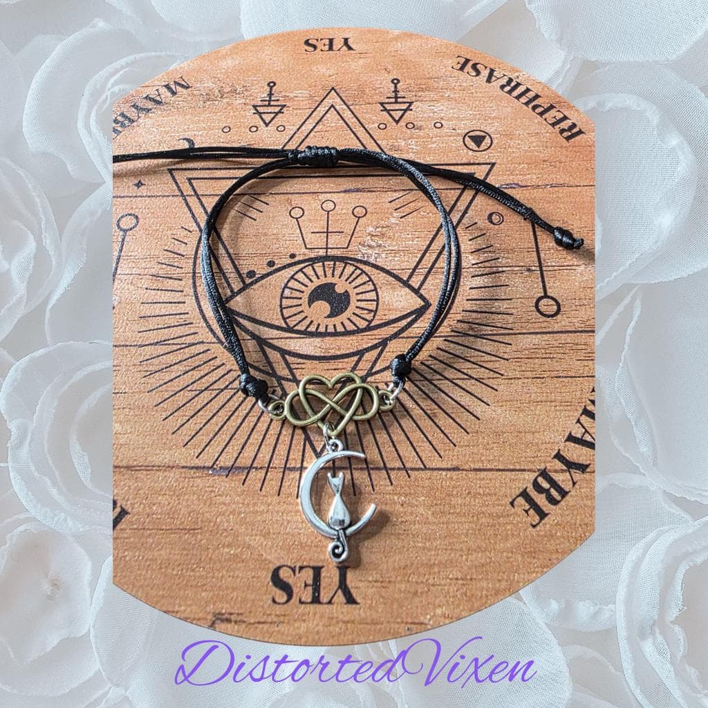 Celestial Cat Moon Bracelet - Infinity Heart Charm - Black Silk Cord Mixed Metal - Thumbnail 4