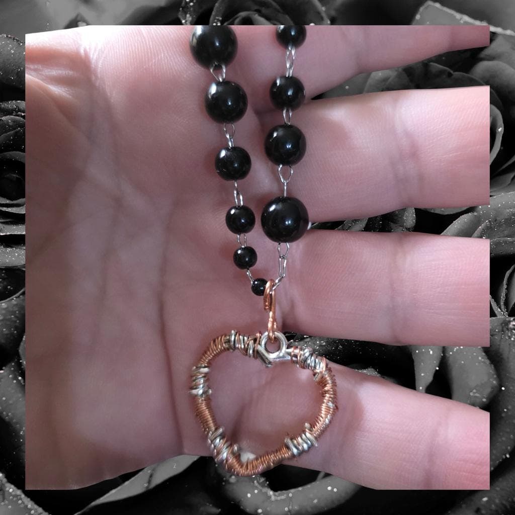 Black Onyx Rosary Choker, Wire Wrapped Barbed Wire Heart Pendant - Thumbnail 2