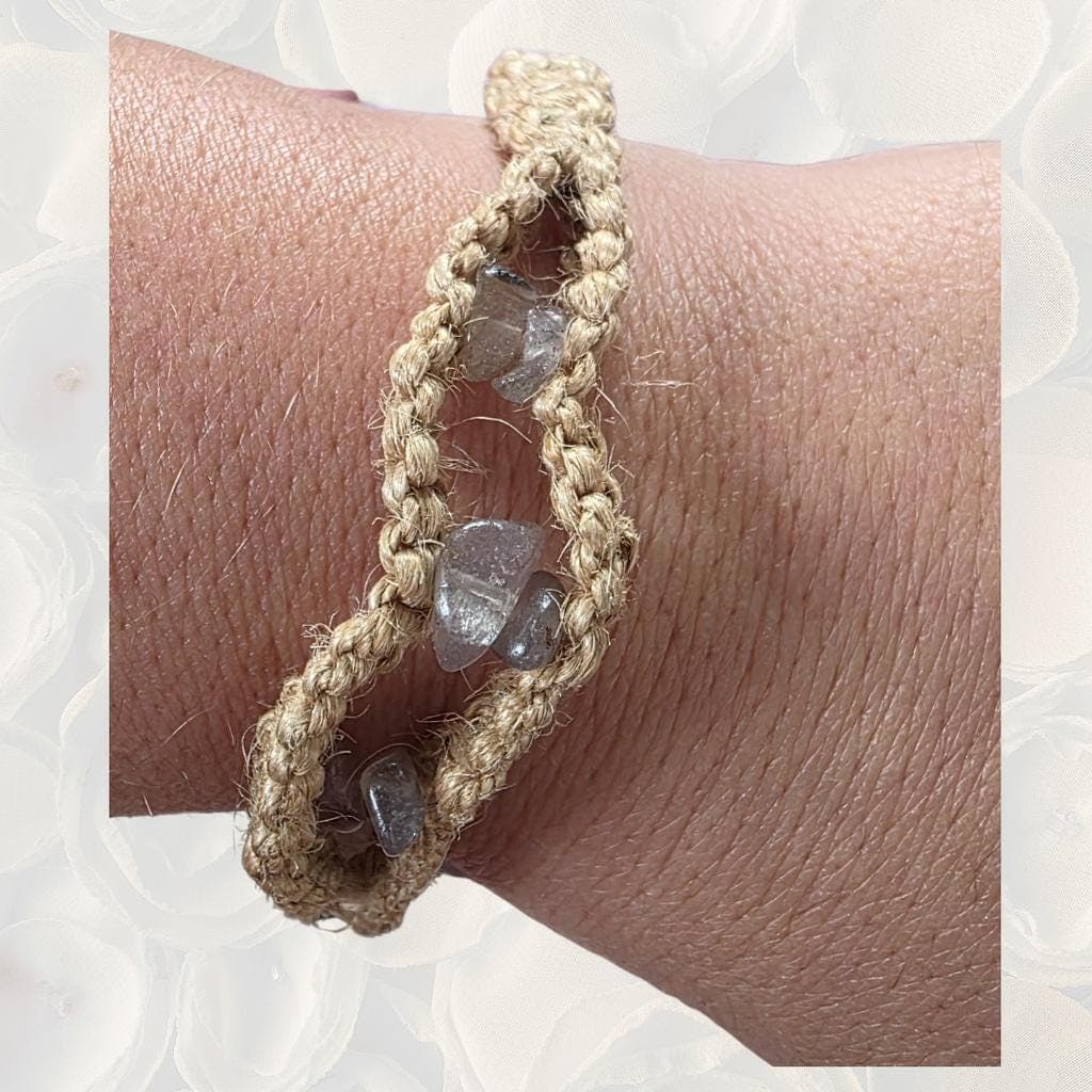 Handmade Smoky Quartz Chip Anklet, Boho Natural Fiber Ankle Bracelet, Grounding Crystal Jewelry