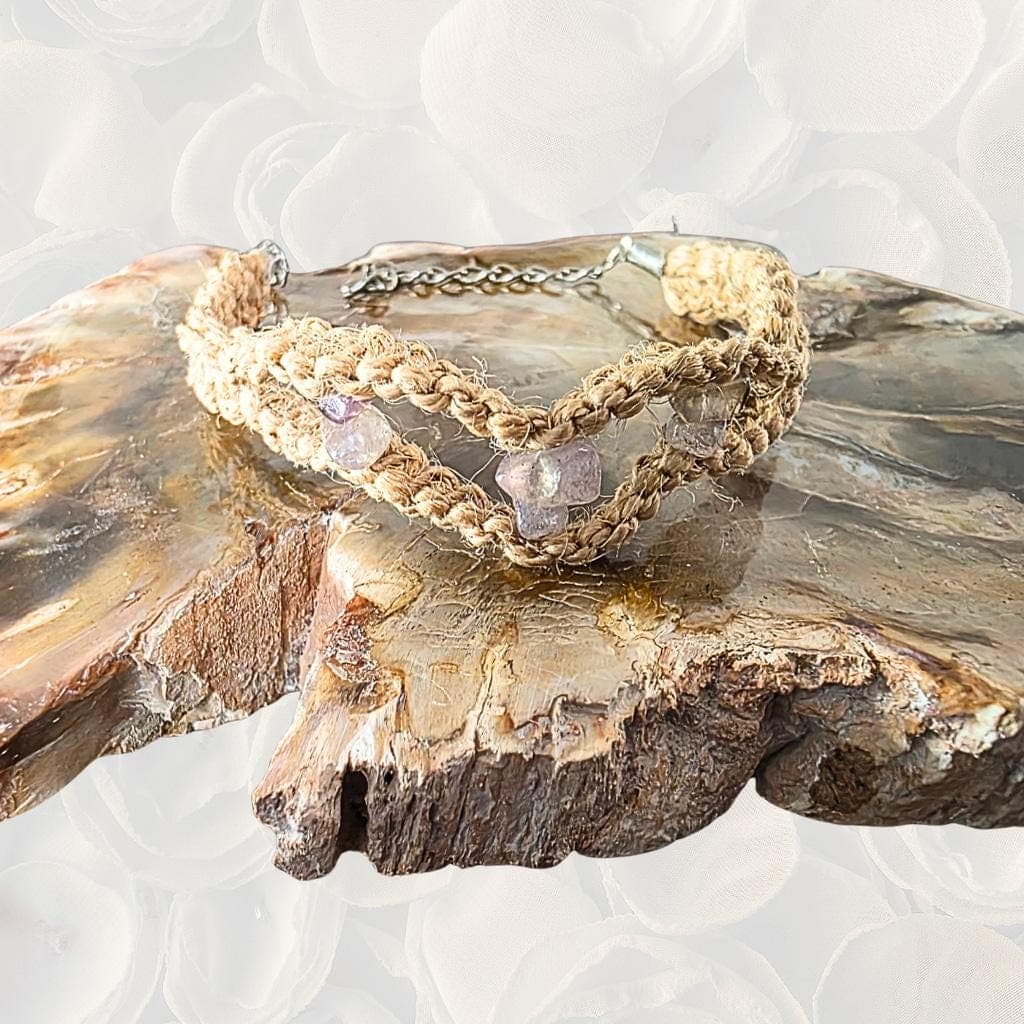 Handmade Smoky Quartz Chip Anklet, Boho Natural Fiber Ankle Bracelet, Grounding Crystal Jewelry - Thumbnail 2