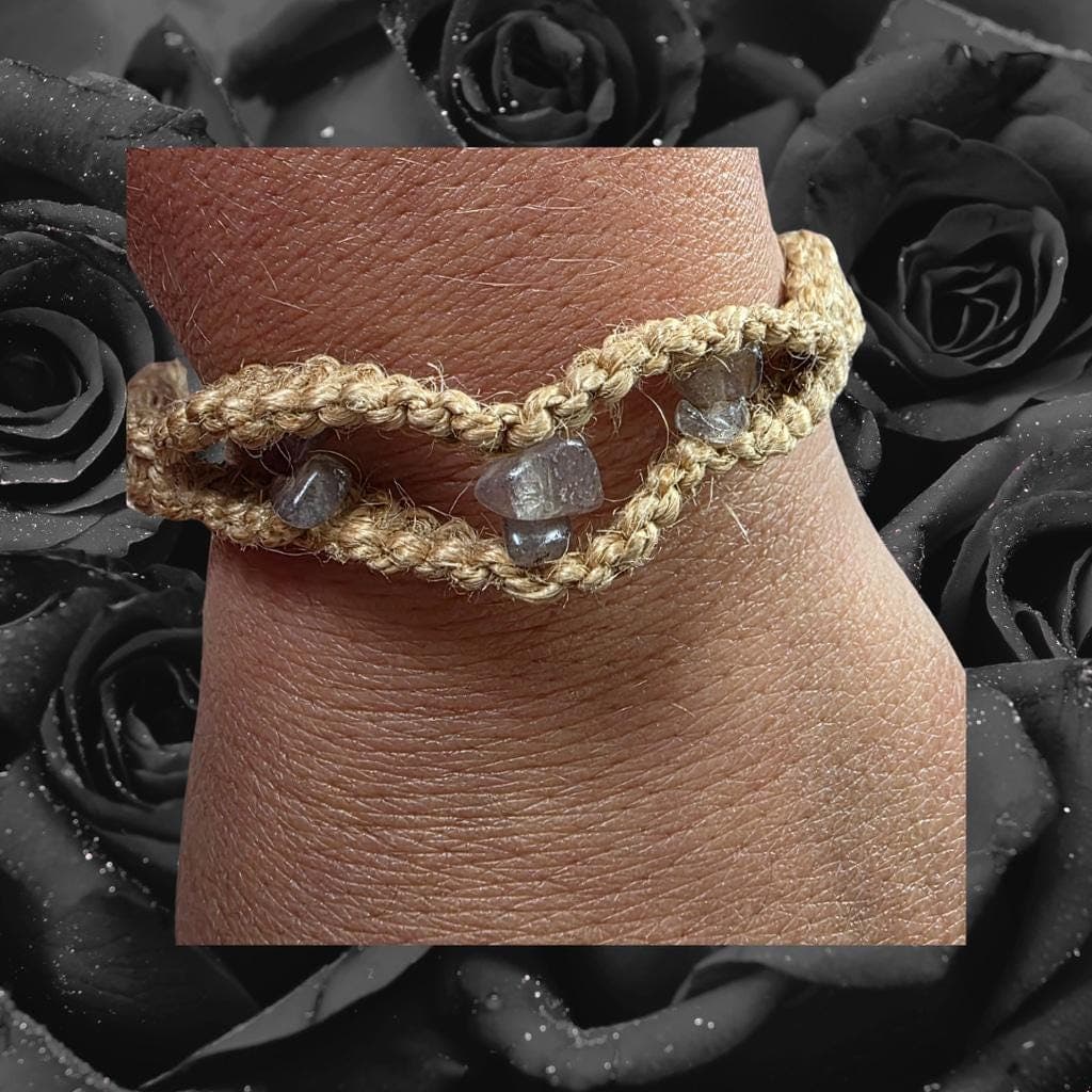 Handmade Smoky Quartz Chip Anklet, Boho Natural Fiber Ankle Bracelet, Grounding Crystal Jewelry - Thumbnail 4