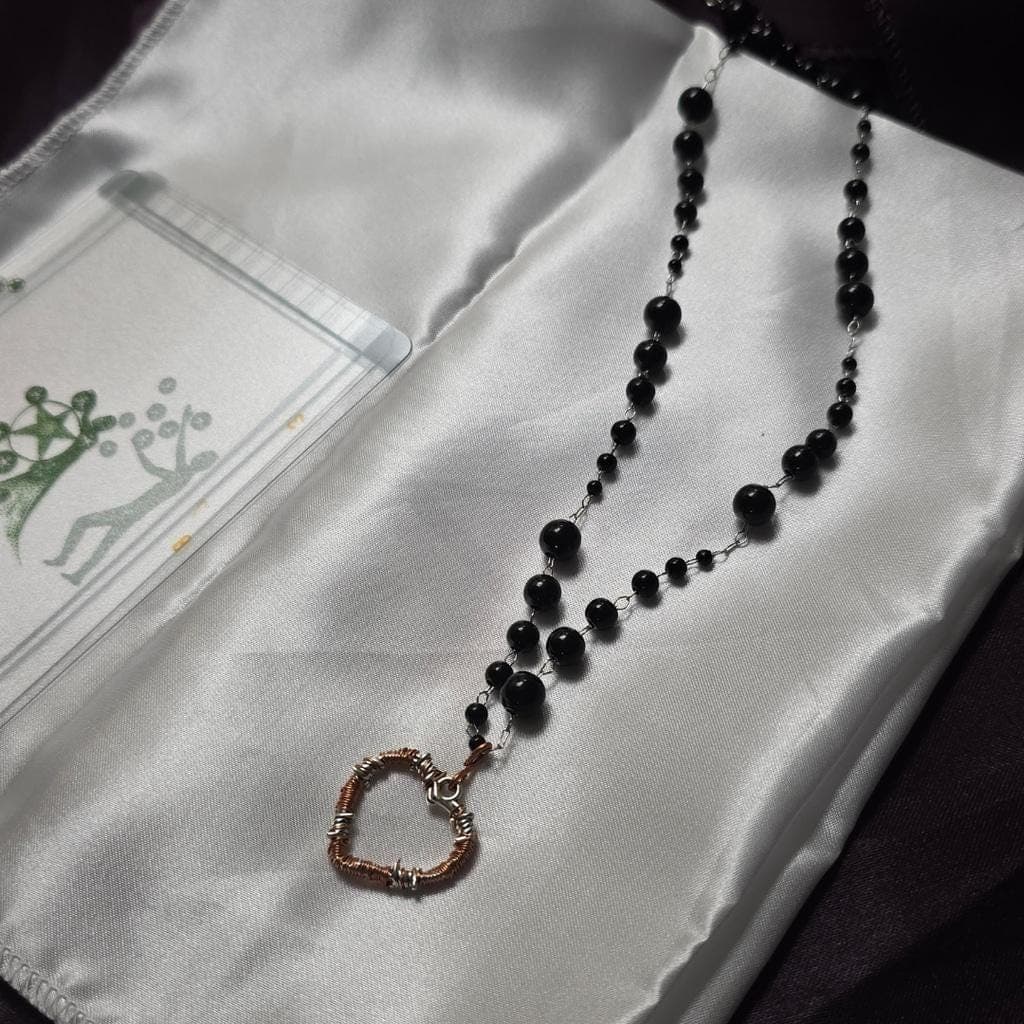 Black Onyx Rosary Choker, Wire Wrapped Barbed Wire Heart Pendant - Thumbnail 4