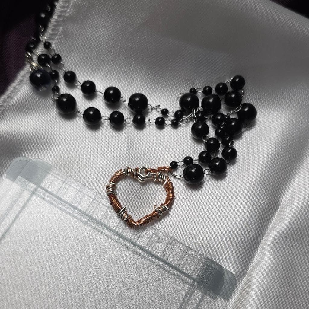 Black Onyx Rosary Choker, Wire Wrapped Barbed Wire Heart Pendant - Thumbnail 3