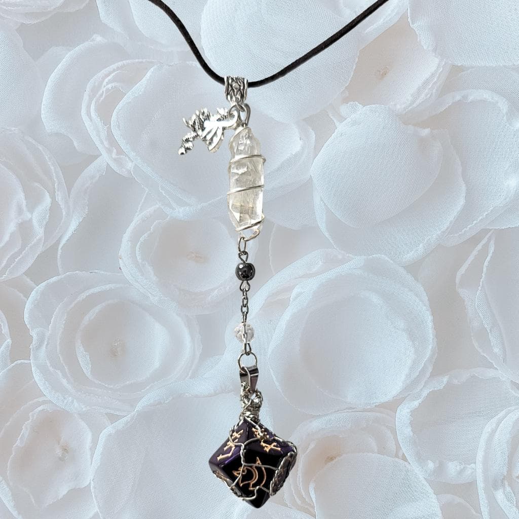 The Weaver of Fate d10 Amulet – Purple 10-Sided Die with Clear Quartz & Hematite - Thumbnail 2