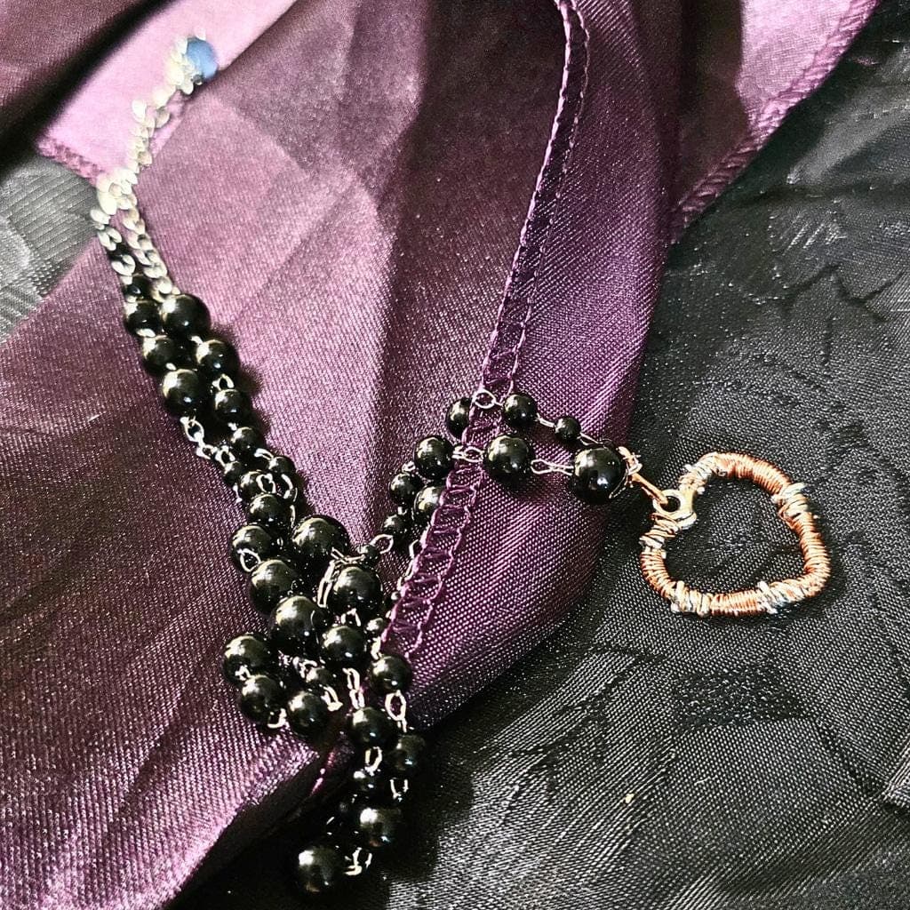 Black Onyx Rosary Choker, Wire Wrapped Barbed Wire Heart Pendant - Thumbnail 6