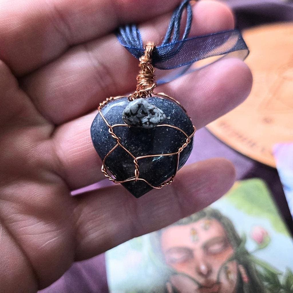 Artisan Wire Wrapped Lapis Lazuli Heart & Snowflake Obsidian Necklace - Thumbnail 5