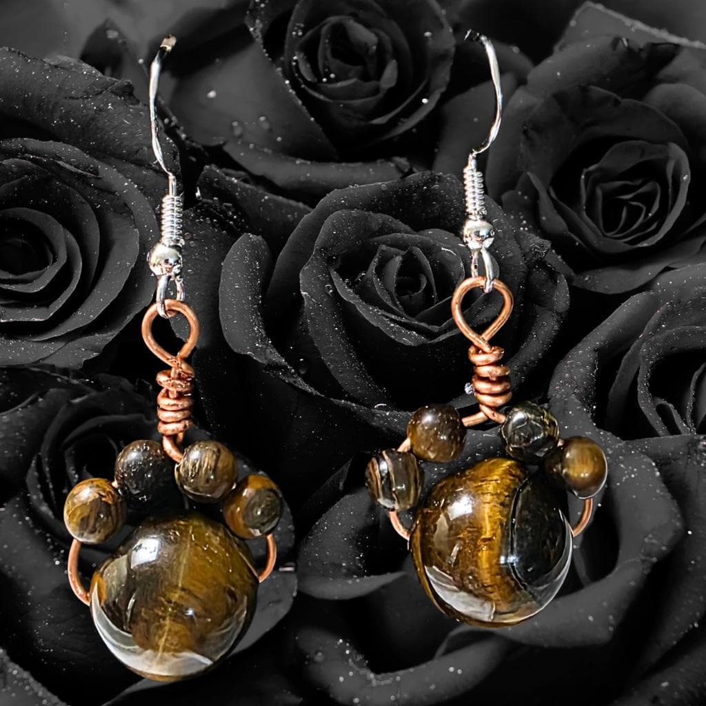 Tiger’s Eye Cat Paw Earrings, Wire Wrapped Copper Jewelry, Sterling Silver Hooks