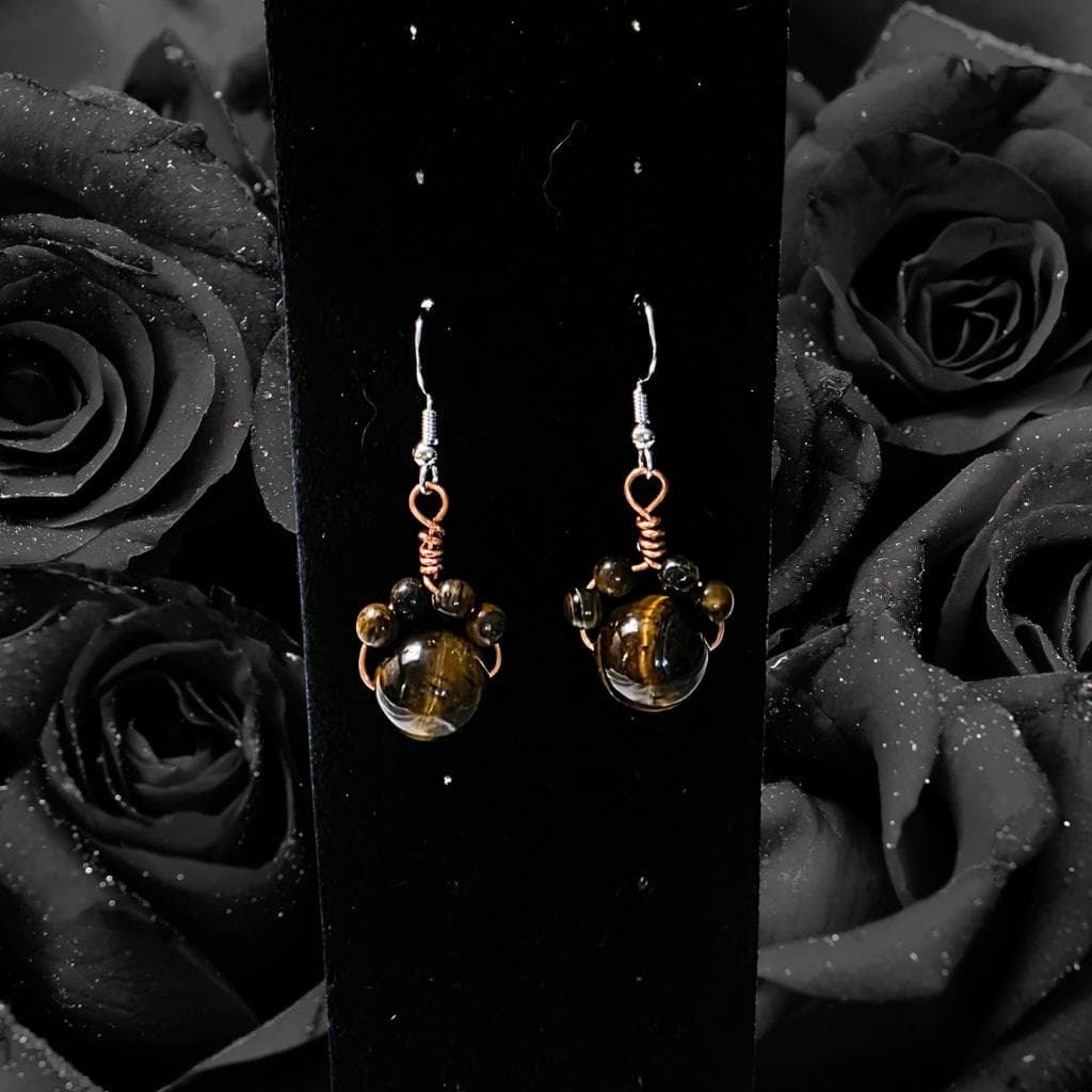 Tiger’s Eye Cat Paw Earrings, Wire Wrapped Copper Jewelry, Sterling Silver Hooks - Thumbnail 6