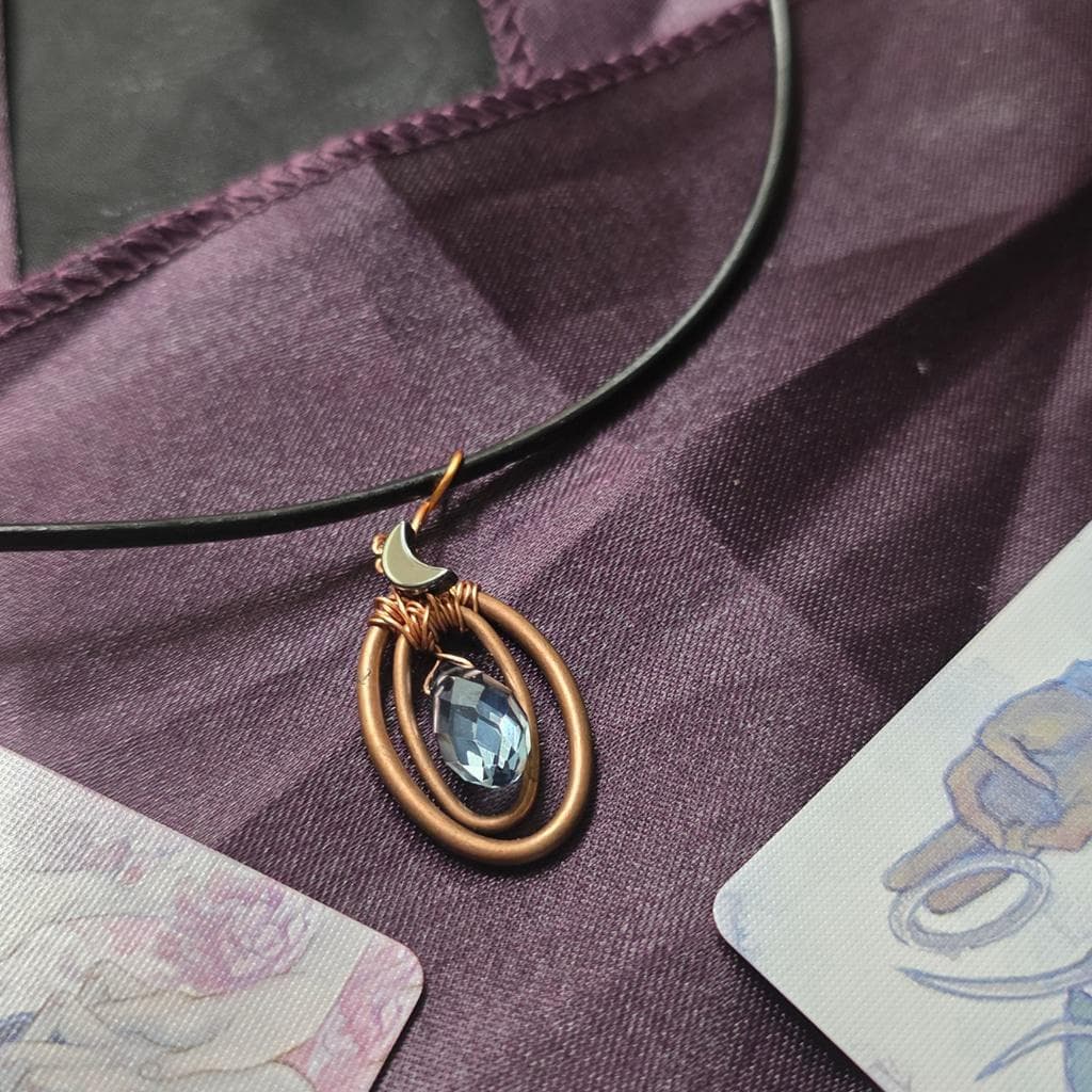 Handmade Copper Wire Wrapped Crystal Moon Pendant Black Leather Cord Necklace - Thumbnail 3