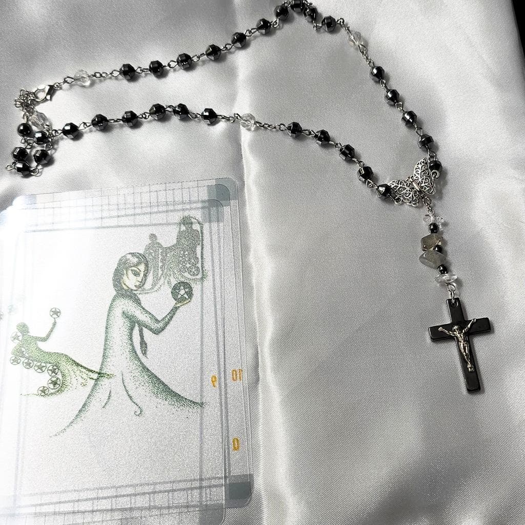 Hematite Cross Butterfly Crystal Necklace Smokey Quartz Clear Quartz Beaded - Thumbnail 5