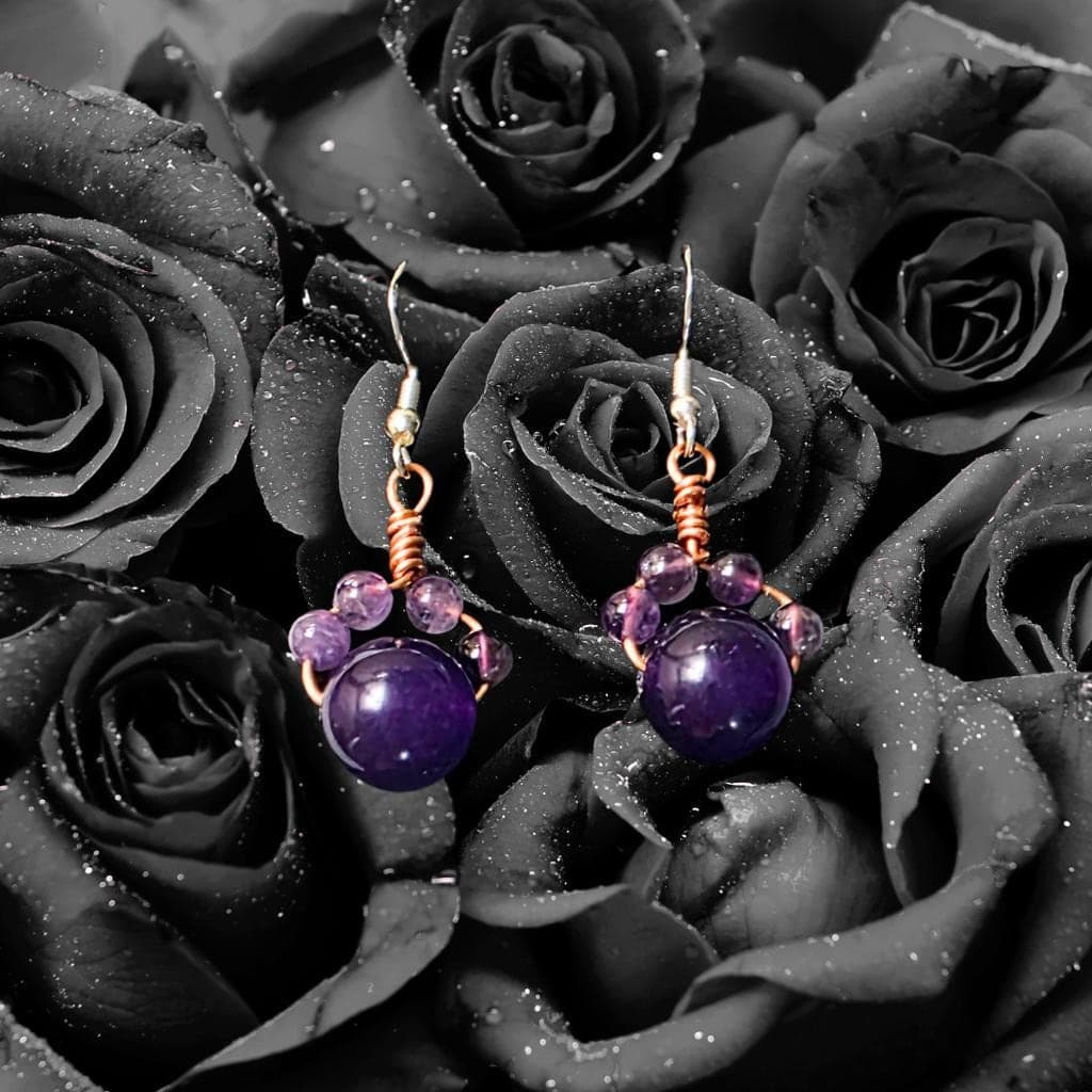 Amethyst Cat Paw Earrings - Handmade Copper Wire Wrapped - Hypoallergenic - Thumbnail 5
