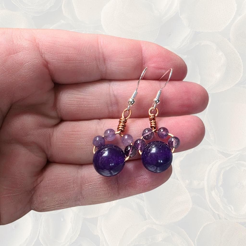 Amethyst Cat Paw Earrings - Handmade Copper Wire Wrapped - Hypoallergenic - Thumbnail 4