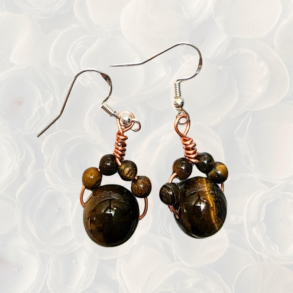 Tiger’s Eye Cat Paw Earrings, Wire Wrapped Copper Jewelry, Sterling Silver Hooks - Thumbnail 4