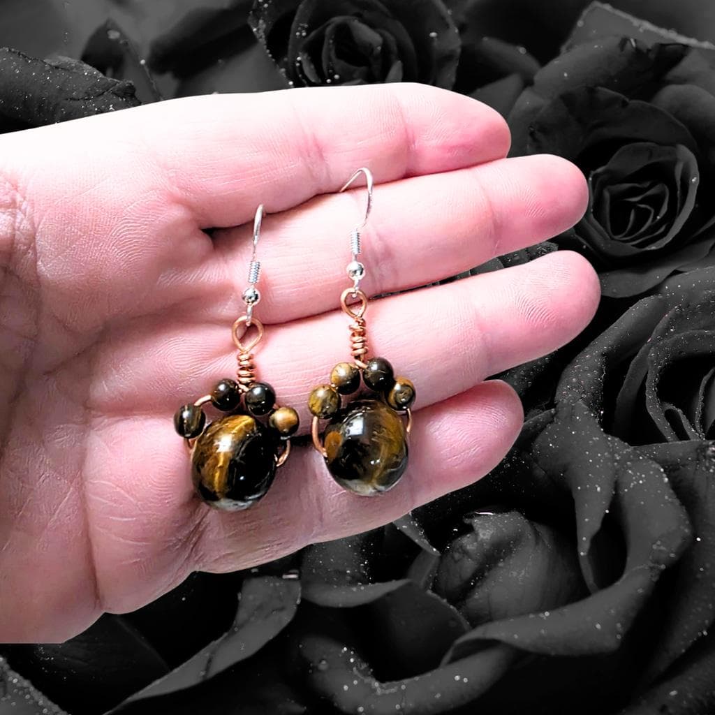 Tiger’s Eye Cat Paw Earrings, Wire Wrapped Copper Jewelry, Sterling Silver Hooks - Thumbnail 2