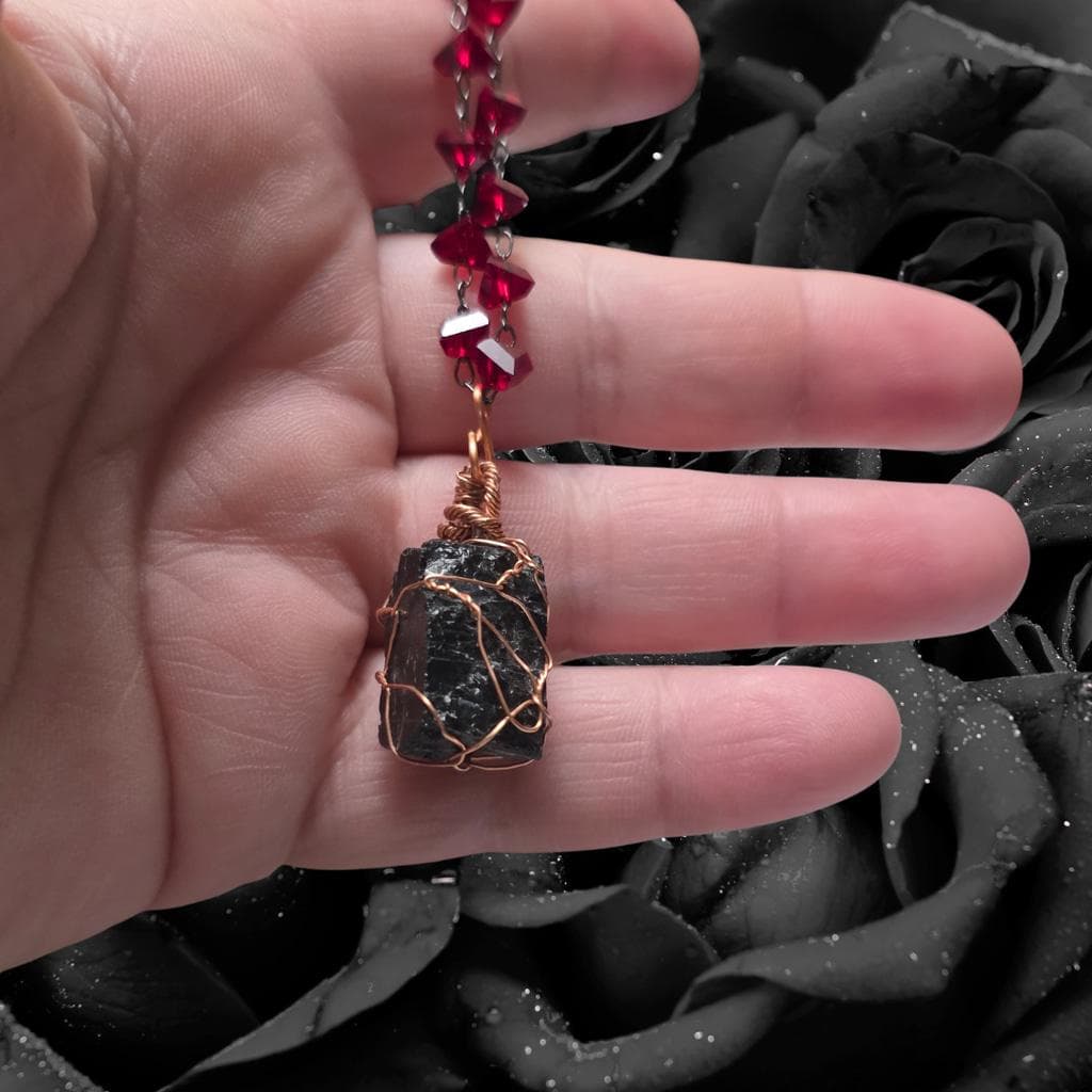 Raw Black Tourmaline & Crimson Crystal Necklace – Copper Wrapped Protection - Thumbnail 7