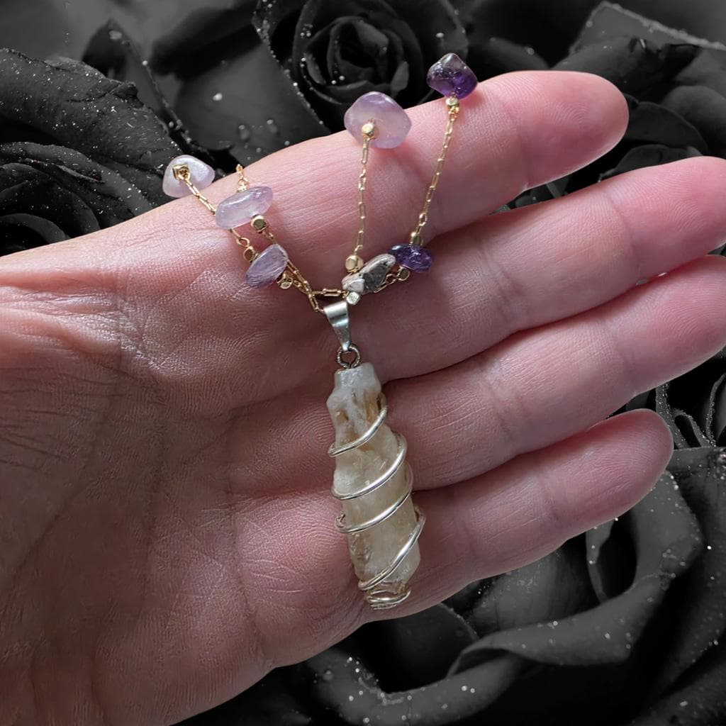 Layered Citrine Point and Amethyst Chip Necklace Set, Gold-Tone Wire Wrapped Jewelry - Thumbnail 4